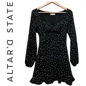 ALTAR’D STATE Black Long Sleeve Mini Dress White Stars Ruffle Hem Women S altard